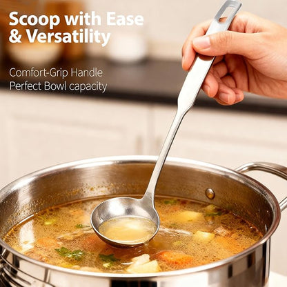 Professional Stainless Steel Soup Ladle, 11.8" Comfort Grid, Long Ergonomic Handle, Durable Kitchen Utensil for Cooking, Stirring, Serving Soups, Heavy-Duty Metal, Dishwasher Safe
