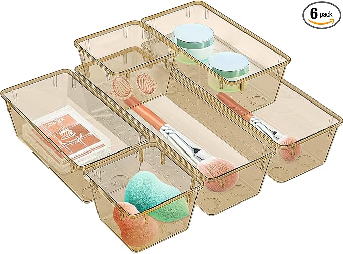 WOWBOX 6 Pack Clear Drawer Organizer Set, Acrylic Drawer Storage Trays, Storage Bins for Makeup, Cosmetics, Jewelries, Utensils, Gadgets, Office, Champagne by WOWBOX