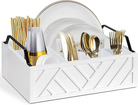 Ukonvi Paper Plate Dispenser and Holder for Kitchen Counter, Wood Rustic Silverware Utensil Caddy, Cutlery Flatware Organizer Box for Cups Spoons Forks Napkins, Kitchen Accessories