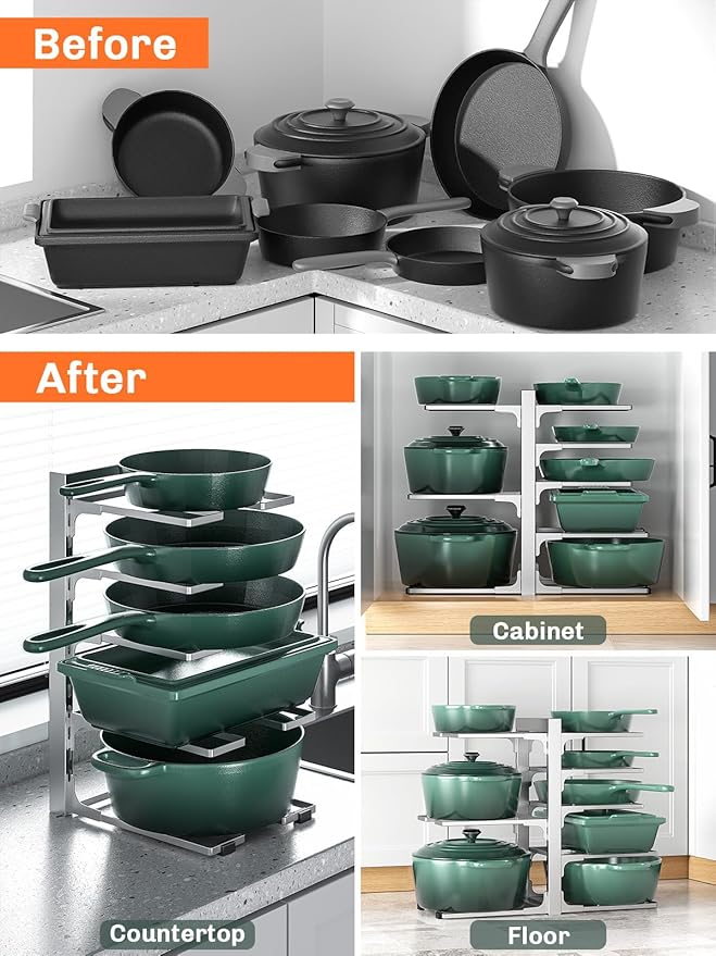 MUDEELA 8-Tier Pots and Pans Organizer under Cabinet, 15.83" Height Heavy Duty Pot Pan Organizer Kitchen Cabinet Organization and Storage, Adjustable Pot Rack for Frying Pan, Cast Iron Skillet, Sliver - Image 7