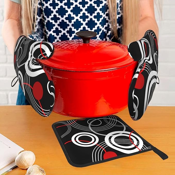 Modern Black Red Retro Oven Mitts and Pot Holders Sets of 3 Abstract Modern Hot Pads Heat Resistant Non Slip Washable for Cooking Grilling Baking BBQ Kitchen Decor - Image 7