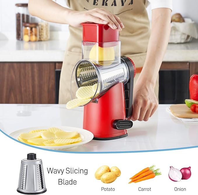 VEKAYA Rotary Cheese Grater Hand Crank with 4 Interchangeable Stainless Steel Blades, Large Manual Handle Shredder and Waffle Slicer for Vegetables, Cheese and Nuts with Table Suction Base (Red)
