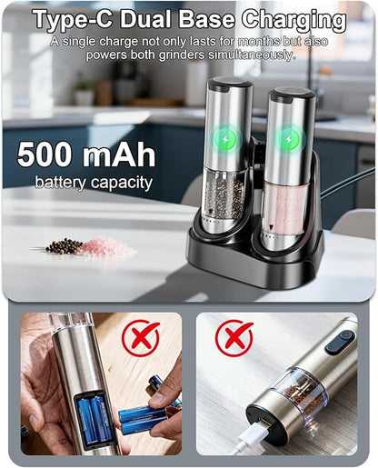 Electric Salt and Pepper Grinder Set - 6 Adjustable Coarseness, One-Handed Operation Design - Automatic Salt and Pepper Shakers with Rechargeable Base, Larger Capacity - for Kitchen, BBQ, Gift