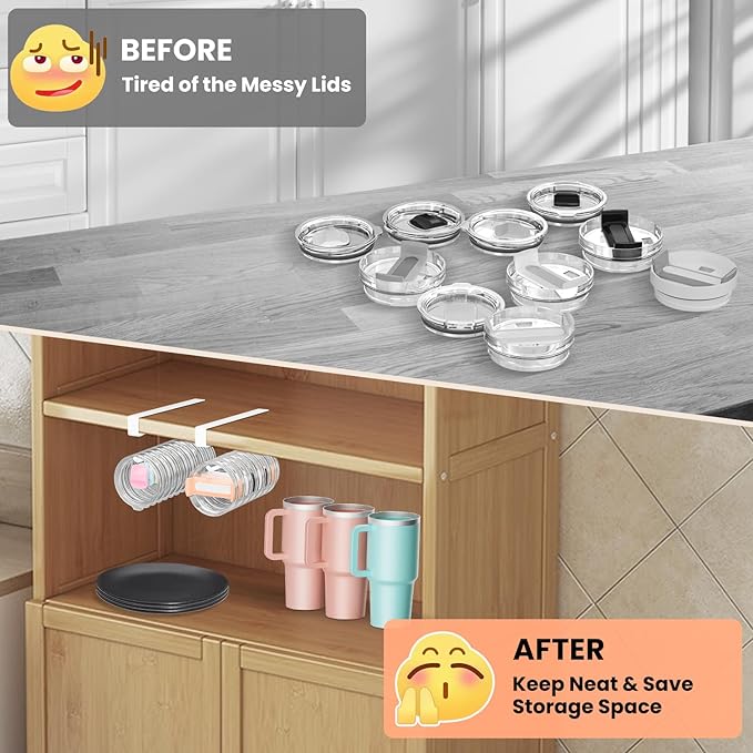 2 Pack Large Tumbler Lid Organizer, Under Cabinet Cup Lid Holder for Yeti Insulated Mug/Stanley Insulated Mug/Simple Modern Insulated Mug Lid, No Gluing, No Drilling, Up to 10 Lids (White) - Image 6