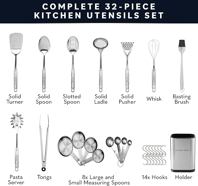 Home Hero 32-Piece Stainless Steel Kitchen Utensil Set - Heat-Resistant Nonstick Silicone Tools - Durable Stainless Steel Cooking Tools - Measuring Cups & Spoons with Holder - 32 Pc, Silver - Image 2