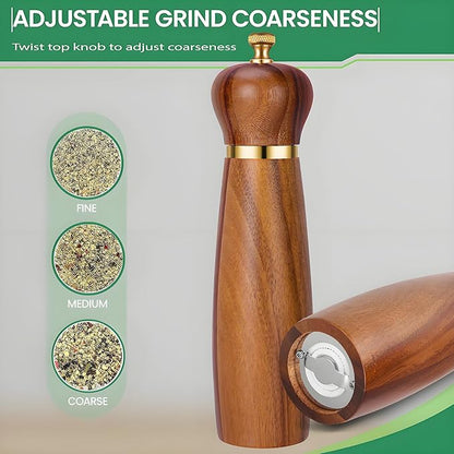 Acacia Wood Salt and Pepper Grinder Set, 8-Inch Manual Pepper Mill Grinder with Adjustable Coarseness, 2 Pack Wooden Salt and Pepper Shakers Set