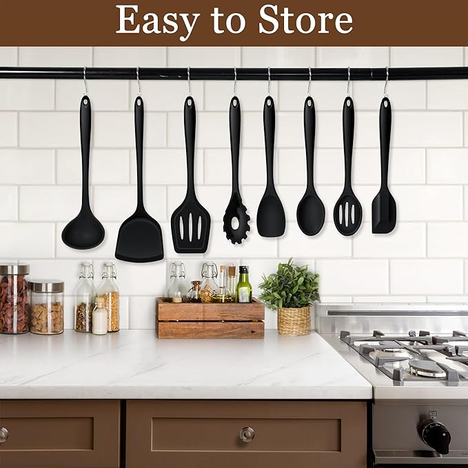 LIANYU 8Pcs Cooking Utensils Set, Heat Resistant Kitchen Utensils, Silicone Utensils Spatula Set for Nonstick Cookware with Spatula, Ladle, Turner, Spoon, Dishwasher Safe, Black - Image 7