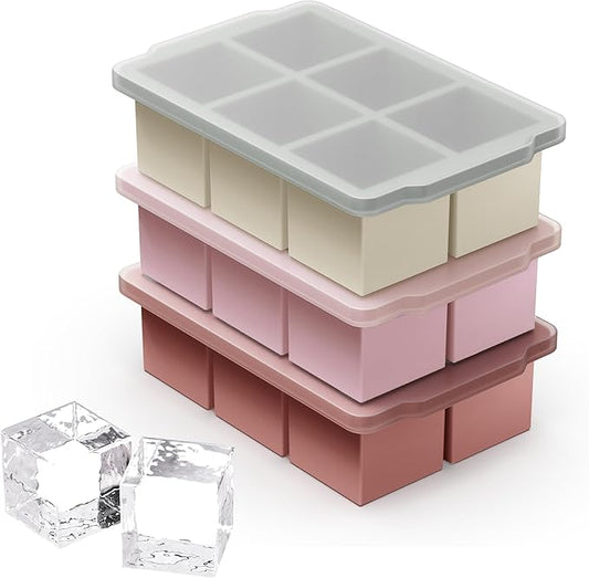 VLM 3 Packs Large Ice Cube Molds with Stackable Lid,Silicone Ice Cube Tray for Freezer,Big Square Ice Tray for Whiskey,Cocktails,Bourbon and Soups (Set 3) by VLM
