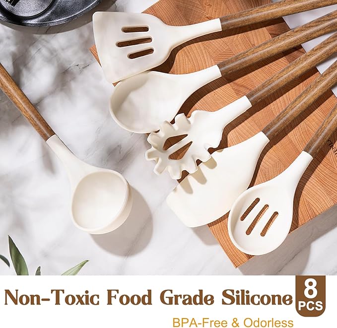 Non-Stick Silicone Kitchen Utensils Set with Natural Acacia Hard Wood Handle, Umite Chef 8 Pieces Kitchen Spatulas set, White, BPA Free, Baking, Serving and Cooking Utensils - Image 2