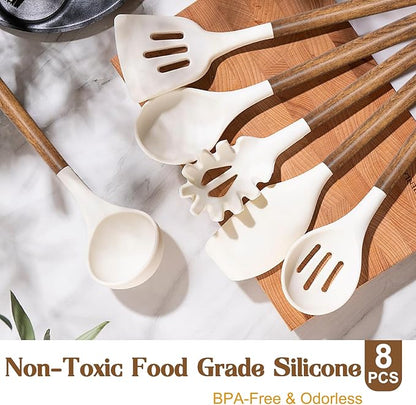 Non-Stick Silicone Kitchen Utensils Set with Natural Acacia Hard Wood Handle, Umite Chef 8 Pieces Kitchen Spatulas set, White, BPA Free, Baking, Serving and Cooking Utensils - Image 2