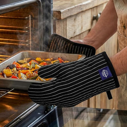Encasa XO Heat Resistant 100% Cotton Oven Glove & Potholder Set with Loop, Kitchen Cooking Mittens, Microwave Safe Hot Pads (Butcher Stripes Black)