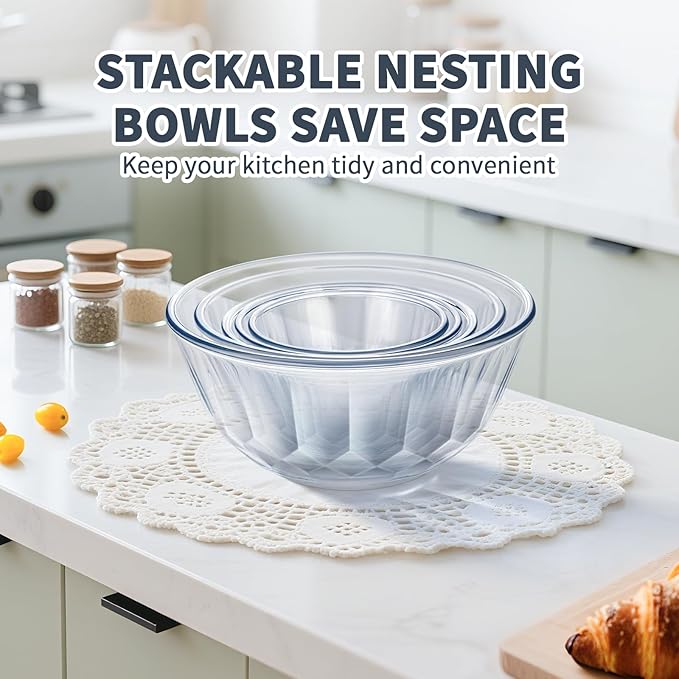 Luvan Glass Mixing Bowls with Lids Set of 5(0.85qt,1.11qt,1.69qt,2.85qt,4.7qt), Large Salad Bowl with Diamond Pattern & Grey Transparent Lids, Kitchen Clear Mixing Bowl for Serving Baking Prep Storage - Image 5