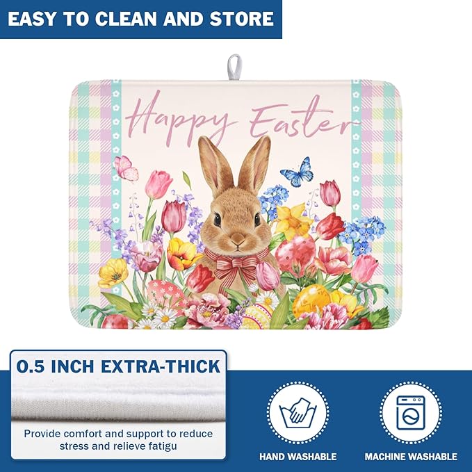 Easter Bunny Dish Drying Mat for Kitchen Counter Happy Easter Rabbit Floral Colorful Buffalo Plaid Microfiber Dish Drainer Mat Absorbent Washable Drying Pad Extra Large 18"x24"
