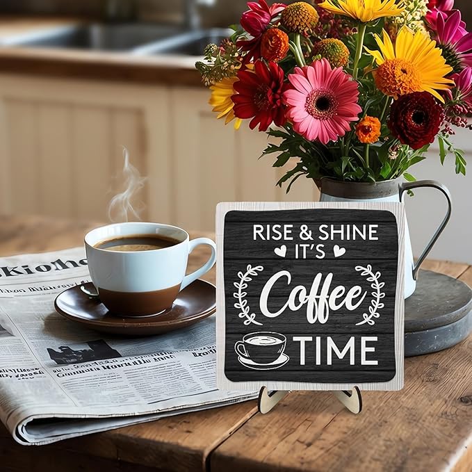 Coffee Bar Sign Plaque Decor,Coffee Bar Accessories,Rustic Wooden Tabletop Plaque with Stand, Minimalist Farmhouse Kitchen Counter Sign,Cute Mini Café Bar Decor Gift - Image 6