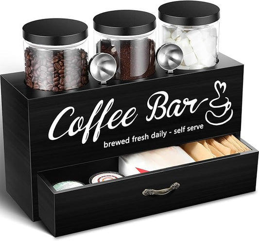 3 Pcs Coffee Canister Set with Shelf and Spoon Plastic Coffee Bean Storage Container with Lids Coffee Storage Box with Drawer Food Storage Jars for Coffee Bar Kitchen (Black)