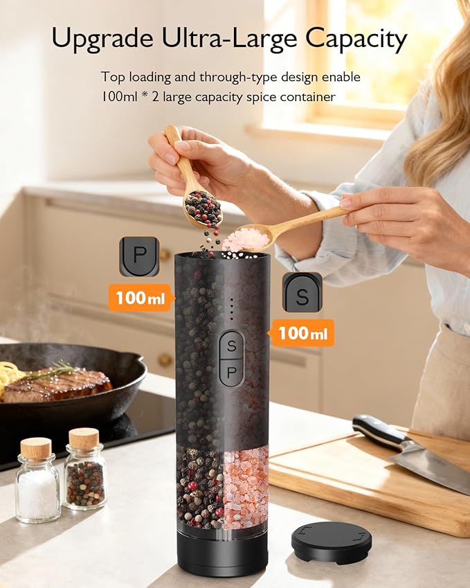 Electric Salt and Pepper Grinder Set, 2 in 1 Dual Bins USB Rechargeable Refillable Automatic Salt and Pepper Mill Shaker with LED Light, Dual Ceramic Grinder Adjustable Coarseness, kitchen gift, Black - Image 6