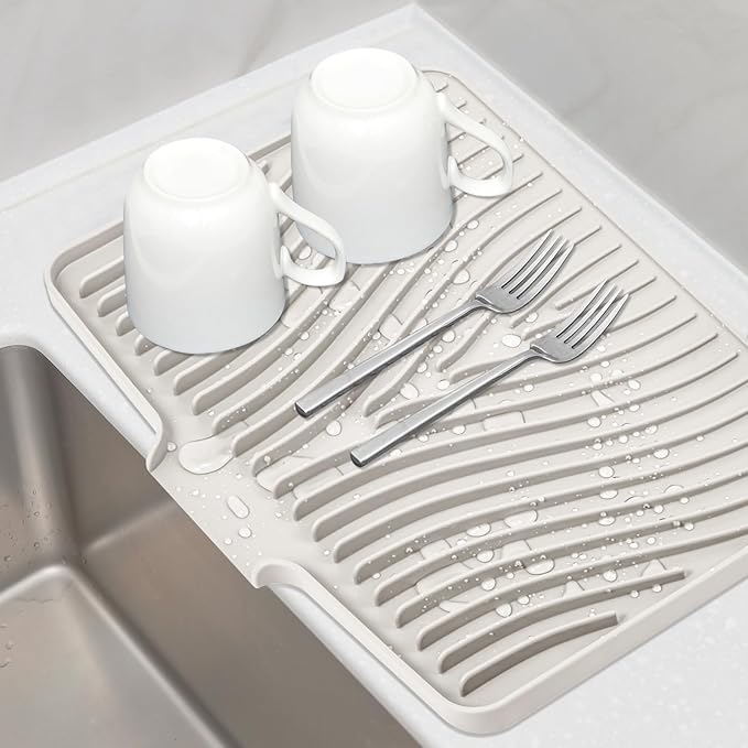 TIKNIK Silicone Dish Drying Mat, Stone Drying Mat for Kitchen Counter with Built-In Drain, Non-Slip Drain Pad with Built-in Drain, Heat Resistant Stone Drying Mat, Hangable, Cream-1pcs, 20" x 15" by TIKNIKHomeOutdoor