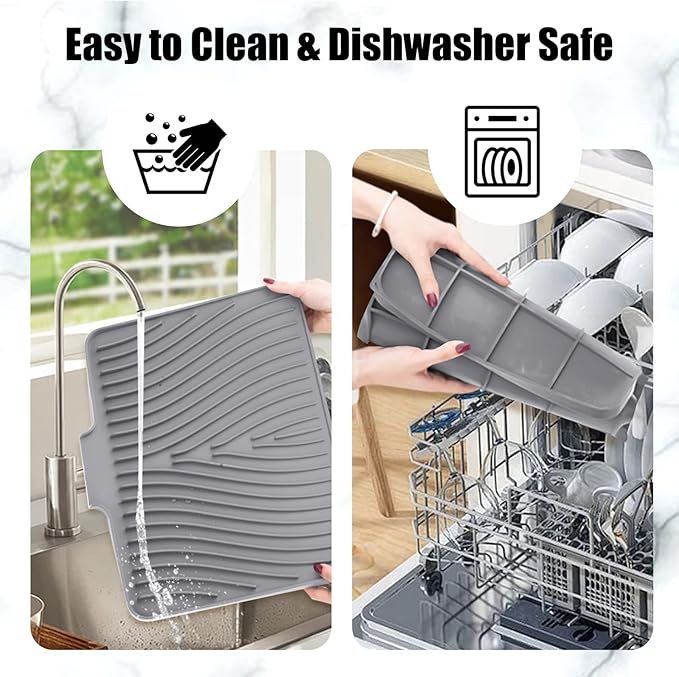TIKNIK Silicone Dish Drying Mat, Stone Drying Mat for Kitchen Counter with Built-In Drain, Non-Slip Drain Pad with Built-in Drain, Heat Resistant Stone Drying Mat, Hangable, Grey-1pcs, 16" x 12" - Image 5