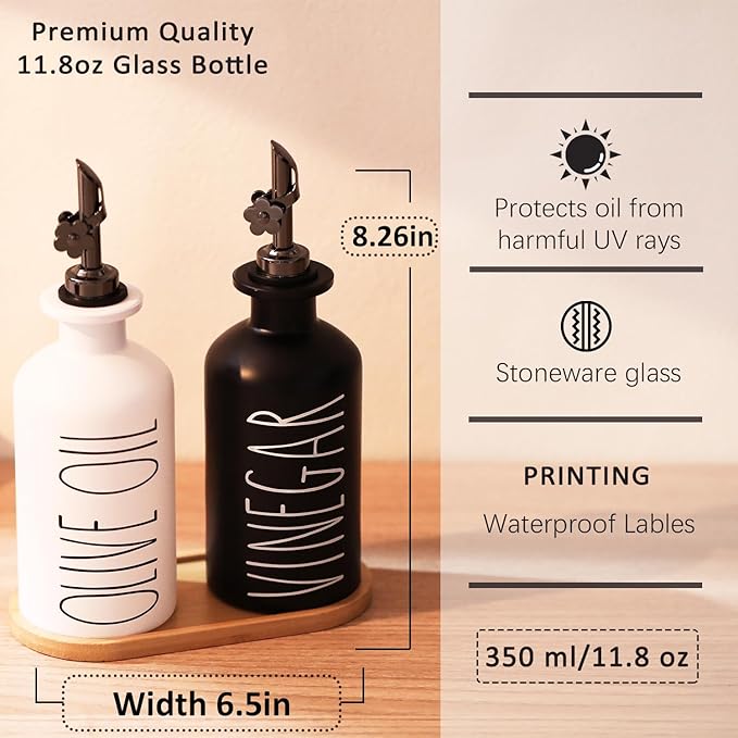 HOMCDALY Premium Olive Oil Dispenser for Kitchen, 11.8oz Glass Oil Bottles with Bamboo Tray, Oil&Vinegar Cruet Set, Kitchen Dispenser Bottles with Pourer | Set of 2 (11.8oz –P–Black&White) - Image 4