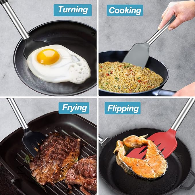 2 Pack Spatulas, Solid & Slotted Silicone Spatula Set, Stainless Steel Handle Coated with Silicone, Non Stick Turners, Heat Resistant Rubber Spatulas for Fish, Eggs, Pancakes, WOK, Red - Image 8