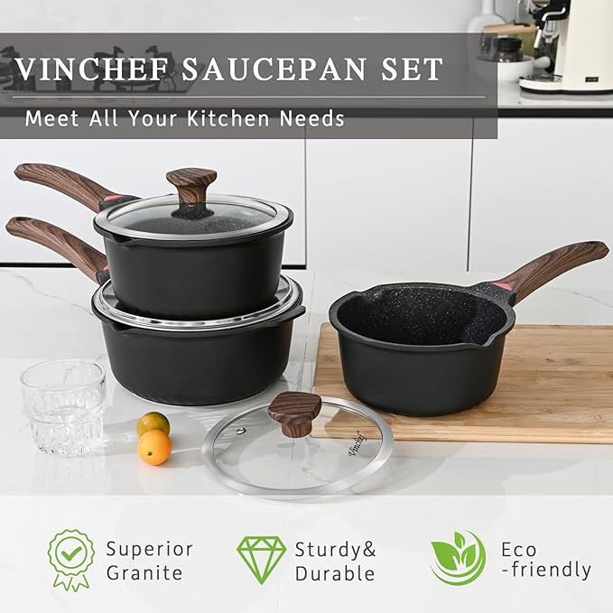 VINCHEF Nonstick Saucepan with Lid, 3QT Sauce Pan with Stay Cool Handle, Non Stick Small Cooking Pots Induction pot, Dishwasher Safe, Compatible for All Stove Top, PFAS and PFOA Free Black