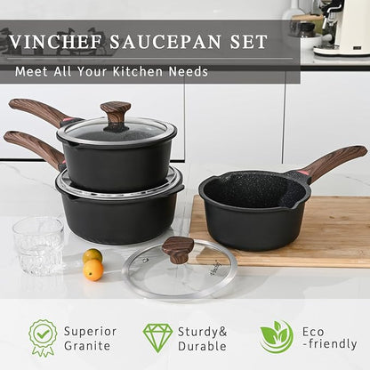 VINCHEF Nonstick Saucepan with Lid, 3QT Sauce Pan with Stay Cool Handle, Non Stick Small Cooking Pots Induction pot, Dishwasher Safe, Compatible for All Stove Top, PFAS and PFOA Free Black