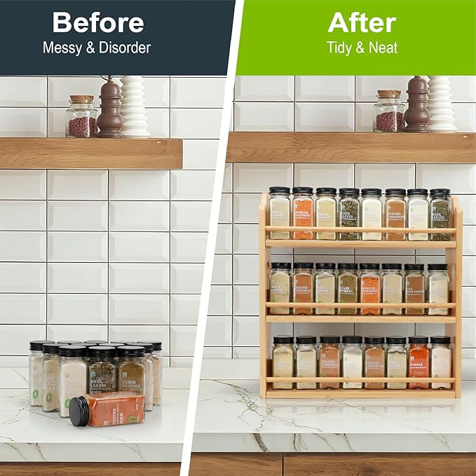 3 Tier Bamboo Spice Rack, Spice Rack Organizer, Seasoning Jars Rack Shelf Spice Organizer for Kitchen Counter or Wall Mounting, Spice Storage Holder with handles, Jars Not Included,Natural - Image 4