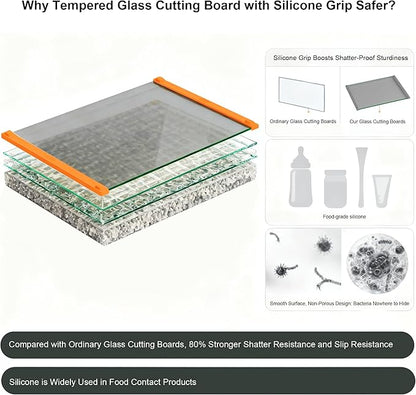 Glass Cutting Boards for Kitchen(12x16" & 12x8"),European Grey Glass Paired with Orange Silicone Grip,No Scratches/Microplastic-Free/Non Toxic,Excellent Gift for Mother's Day and Father's Day