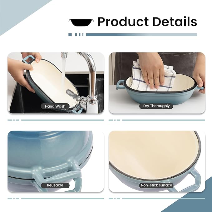 Enameled Cast Iron Dutch Oven for Sourdough Bread Baking,9 x 5-4/5 Inch Oval Cast Iron Bread Pan with Lid,Dutch Oven for Homemade Sourdough Baking,2.8QT Meatloaf Pan,Oven Safe - Image 4