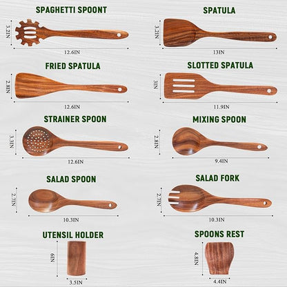 Wooden Spoons for Cooking, Natural Teak Wooden Utensils Set, 10 Piece Handmade Wood Kitchen Utensil Set with Holder and Spoon, Durable Nonstick Kitchen Cookware Tool - Image 4
