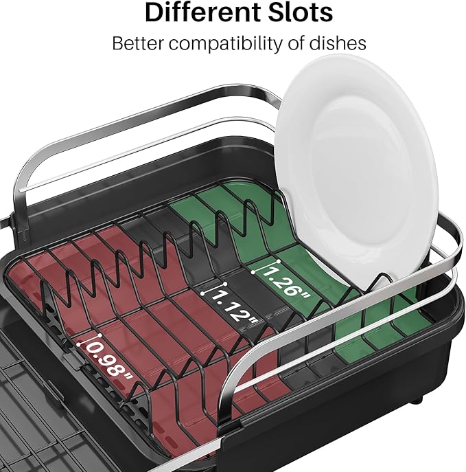 SNTD Dish Drying Rack, Expandable Dish Rack for Kitchen Counter, Stainless Steel Dish Drainer with Drainboard Set and Utensil Holder (Black) - Image 7