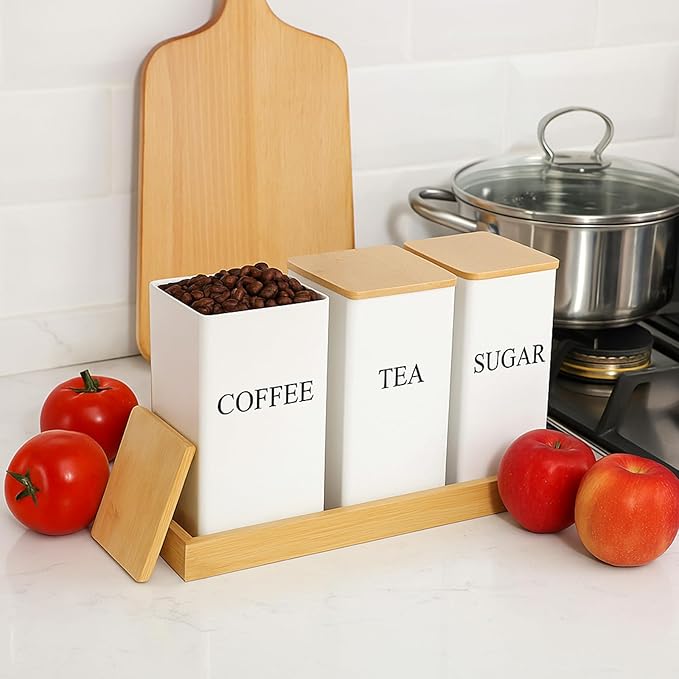 3 Pack Coffee Tea Sugar Container with Tray Airtight Metal Canister with Bamboo Lid Tray for Kitchen Counter Dining Room Farm House Kitchen Style Drink Station Organizer Set(White)