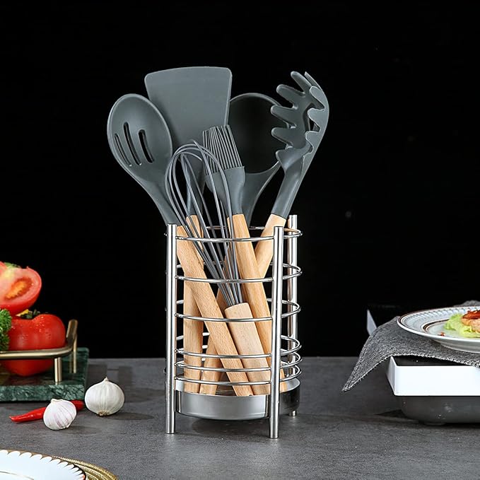 Kitchen Utensil Holder for Kitchen Counter, Stainless Steel Utensil Crocks, Utensil Storage Caddy Organizer, Cooking Utensil Holder, kitchen tools, Easy Cleaning (Silver/7.4''x5.2'') - Image 5