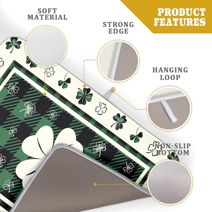 Giwawa Patrick Clovers Dish Drying Mat 18"x24" Lucky Shamrock Spring Leaf Dish Drainer Mats Green Black Buffalo Plaids Absorbent Microfiber Dish Drying Pad for Kitchen Countertop Large Decor