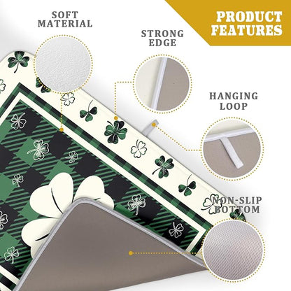 Giwawa Patrick Clovers Dish Drying Mat 18"x24" Lucky Shamrock Spring Leaf Dish Drainer Mats Green Black Buffalo Plaids Absorbent Microfiber Dish Drying Pad for Kitchen Countertop Large Decor