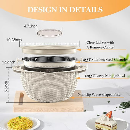 4-1 Colander with Bowl Set, Food Strainers and Colanders, Fruit Washing Bowl with Strainer, Rotatable Colander for Kitchen, Aesthetic Kitchen Gadget, Christmas & New Year Gifts - Beige - Image 7