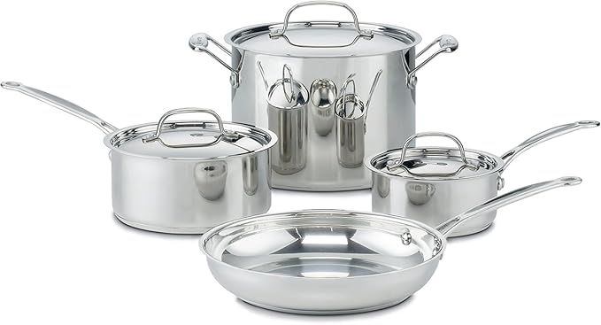 Cuisinart 7-Piece Stainless Steel Pots and Pans Set, Cookware Set Compatible with Induction, Electric, Gas Cooktops, Aluminum Core for Quick Even Heat, Cool Grip Handles, Dishwasher Safe, Oven Safe by Cuisinart