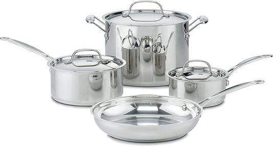 Cuisinart 7-Piece Stainless Steel Pots and Pans Set, Cookware Set Compatible with Induction, Electric, Gas Cooktops, Aluminum Core for Quick Even Heat, Cool Grip Handles, Dishwasher Safe, Oven Safe by Cuisinart