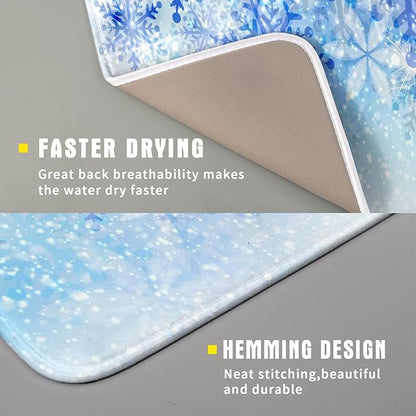 Giwawa 16"x18" Winter Blue Snowflakes Dish Drying Mat Christmas Snow Falling Nature Ice Dish Drainer Mats for Kitchen Microfiber Reversible Dish Drying Rack Pad for Countertop Tabletop Decor