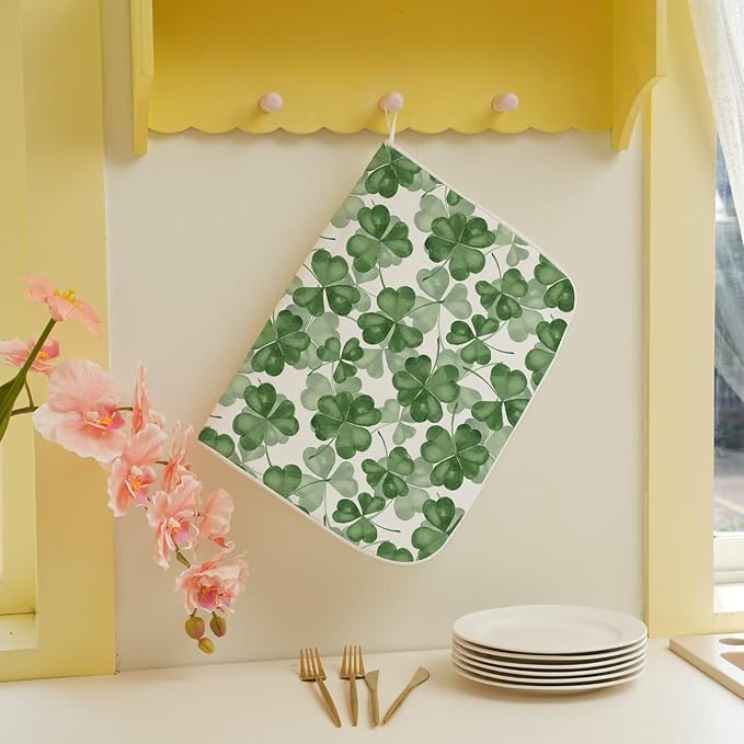 St Patricks Day Dish Drying Mat 18 x 24 inch Dark Green Clover Print Decorative Drying Mats Microfiber Absorbent Shamrock Dish Washable Draining Mat for Kitchen Counter Decor