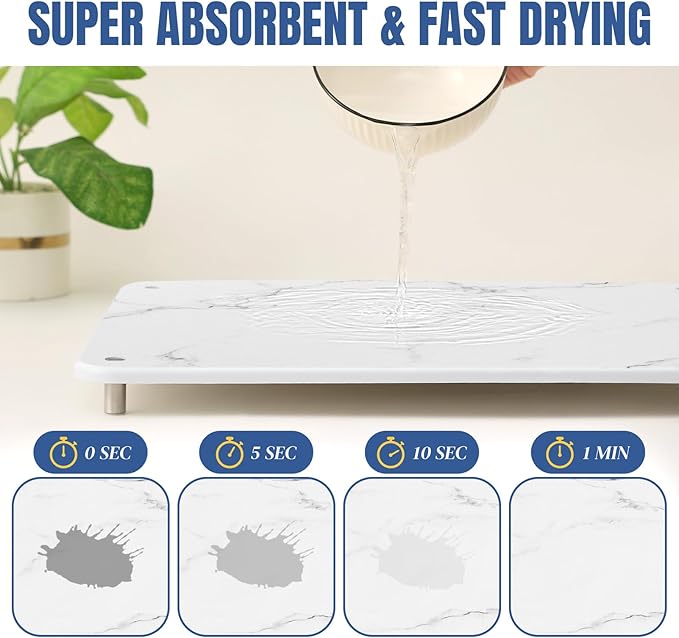 Stone Drying Mat for Kitchen Counter with Non-Slip Stainless Steel Feet, Quick Drying Diatomaceous Dish Racks for Dishes, Bottles and more, 15.7"(L)×11.8"(W), Pearl Marble - Image 2