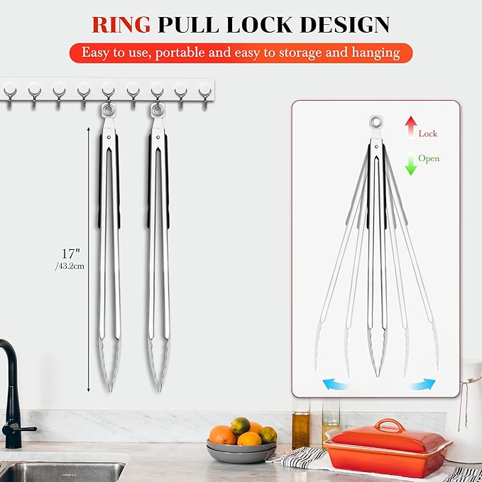 Grilling Tongs - 17 Inch Extra Long Metal Tongs, Heat Resistant Stainless Steel Grill Tongs, Heavy Duty BBQ Tongs for Cooking, Grilling, BBQ/Barbecue, Food (17 inch)