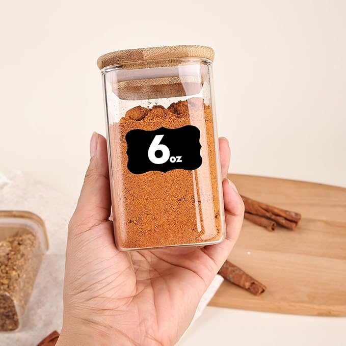 6oz Glass Spice Jars with Bamboo Lid and Label, 12 Pack Square Glass Container, Small Food Storage Containers for Kitchen, Clear Empty Seasoning Jar for Sugar, Salt, Coffee Bean, Herb, Borosilicate - Image 7