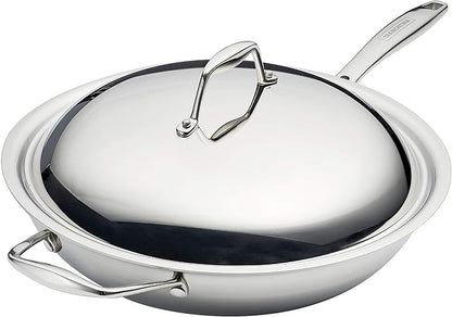 Tramontina Signature Tri-Ply Clad Stainless Steel 12.5-Inch Wok with lid, Induction-Ready, Dishwasher-Safe, NSF-Certified, Made in Brazil by Tramontina