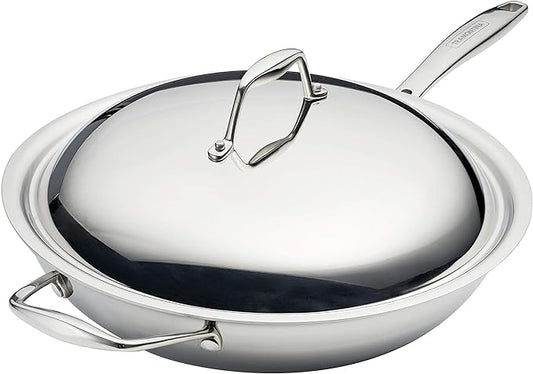 Tramontina Signature Tri-Ply Clad Stainless Steel 12.5-Inch Wok with lid, Induction-Ready, Dishwasher-Safe, NSF-Certified, Made in Brazil by Tramontina