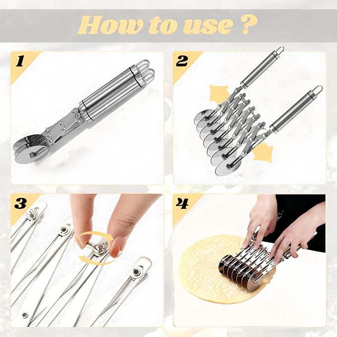 Wheel Pastry Cutter, Adjustable Pasta Cutter with Handle, Stainless Steel Dough Slicer for Noodles, Pizza, Brownies, Pie Crust, Multi-Tool for Baking & Cooking (5 Roller)