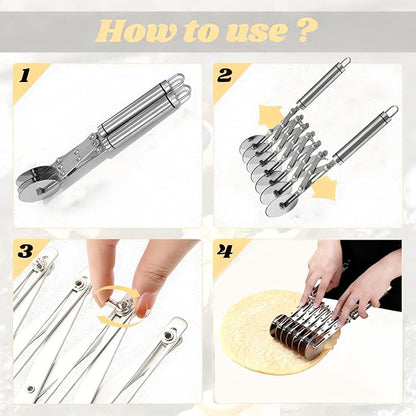Wheel Pastry Cutter, Adjustable Pasta Cutter with Handle, Stainless Steel Dough Slicer for Noodles, Pizza, Brownies, Pie Crust, Multi-Tool for Baking & Cooking (7 Roller)