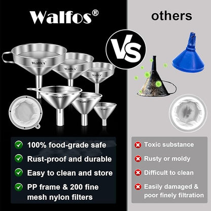 Stainless Steel Funnel, Walfos 6 Different Sizes of Kitchen funnels with 2 Removable Strainer ＆ 1Pcs Cleaning Brush, 200 Mesh Food Filter Strainer,for Transferring of Liquid, Oils, Jam, Powder - Image 5