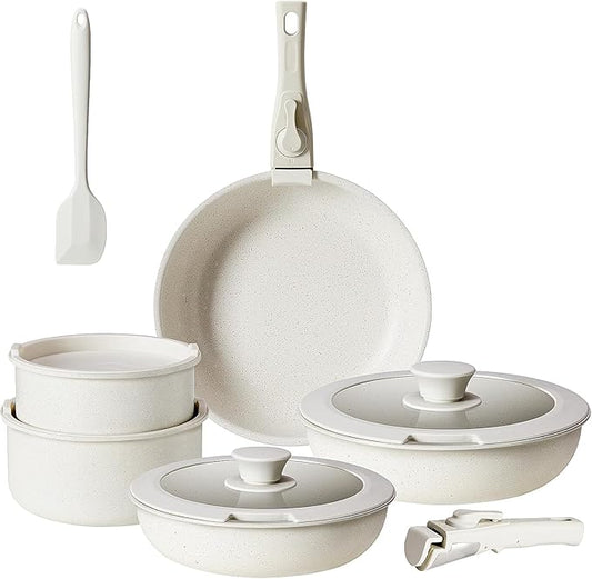12 Pcs Pots and Pans Set, Non-Stick Pots and Pans Set, with Detachable Handles, Resistant to High Temperatures,Dishwasher Oven Safe, PFAS and PFOA Free, White