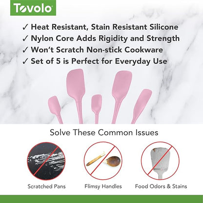 Tovolo Flex Core 5 Piece Silicone Spatula Set Heat Resistant All Silicone Utensils Include Non Stick Spatula Spoonula Jar Scraper, Dishwasher Safe BPA Free Spatulas for Baking Mixing, Pink Sorbet